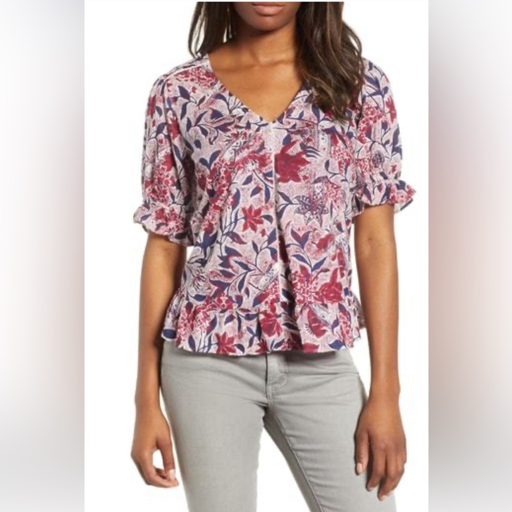 Lucky Brand V Neck Red &White Floral Print Ruffle Top Size XS